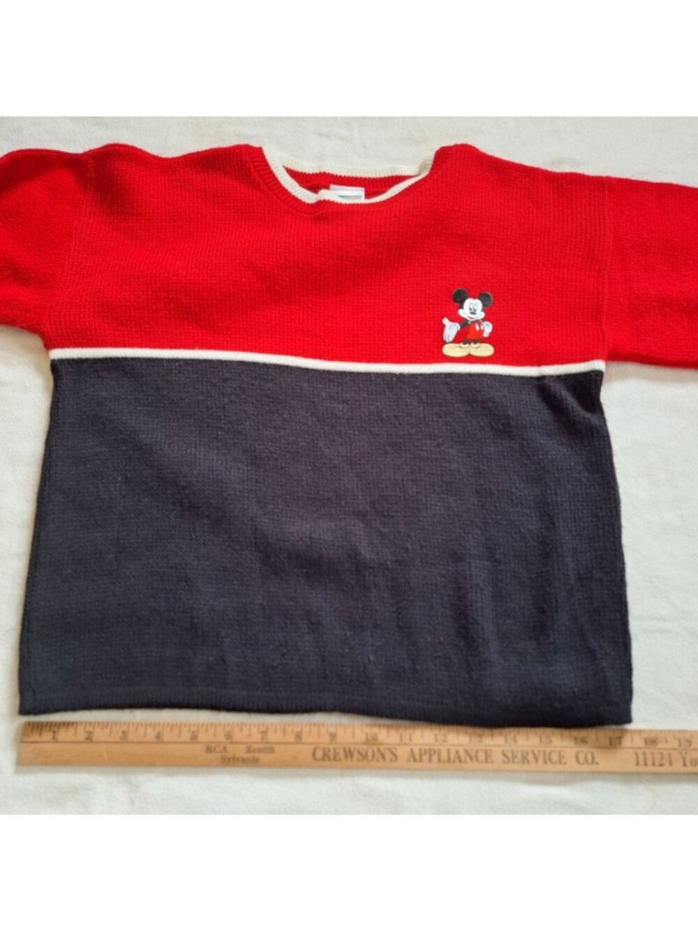 Mickey Unlimited Sweater L Vintage 90s Embroidered Patch Red Black Kids Large - Picture 10 of 14